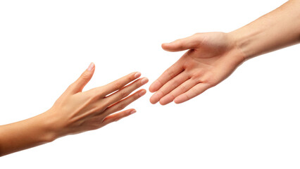 Human hands reaching out in gesture of help, connection, support isolated on white background