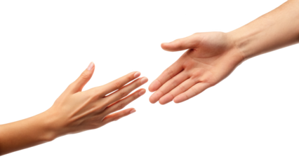 Human hands reaching out in gesture of help, connection, support isolated on white background