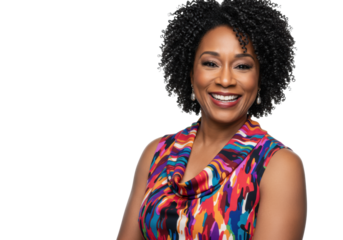 African american woman, mid-40s, short curly hair, vibrant cowl neck top, smiling confidently in high-key studio with white background and copy space. Concept of joy and self-assurance