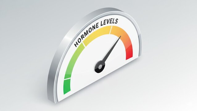 A modern hormone gauge with needle pointing toward lower levels in clean medical style, high testosterone, boost testosterone