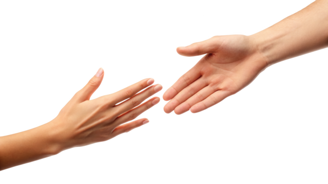 Human hands reaching out in gesture of help, connection, support isolated on white background
