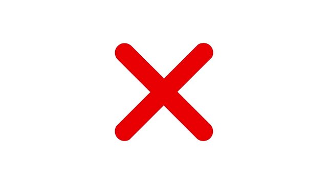 Red cross mark animation on white background, Error or cancel symbol animation. Stop or close Icon chroma key background.