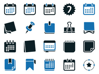 A collection of calendar and office supply icons in various shades of blue and black.
