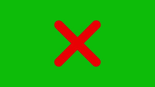 Red cross mark animation on green screen, Error or cancel symbol animation, stop and not allowed sign, wrong mark animation video loop.