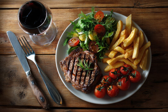 Delicious steak dinner with sides and red wine served on a rustic wooden table