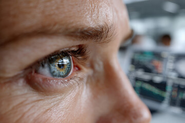 This close-up image showcases a stunning blue eye reflecting vibrant digital data visualizations, symbolizing insights and observation in a modern technological context.