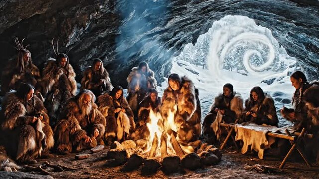 Prehistoric Hunter-Gatherer Group in Ice Cave Campfire