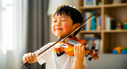 Young Asian Child Playing the Violin with Eyes Closed, Enjoying Music in a Bright Room