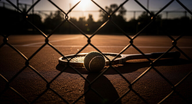 Tennis Racquet and Ball on Court at Sunset Through Chain Link Fence