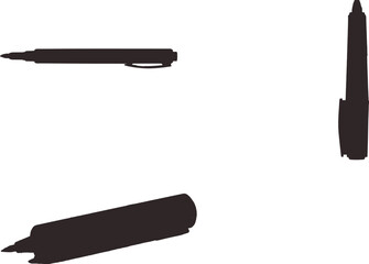 The image features three distinct depictions of a pen, all rendered in black against a clean white background, which emphasizes their shapes and orientations.