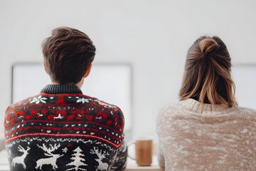 Festive Back View: Two People in Sweaters, Working or Relaxing