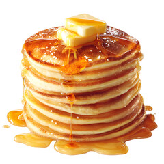 Stack of pancakes topped with butter and syrup, realistic texture and shine, soft morning light simulation, macro focus detail, white isolated background