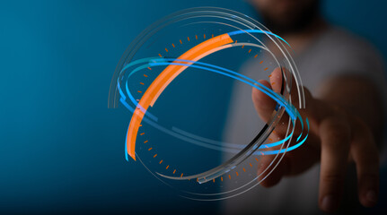 Abstract image of a person's hand interacting with a glowing digital globe, representing futuristic technology and global connectivit