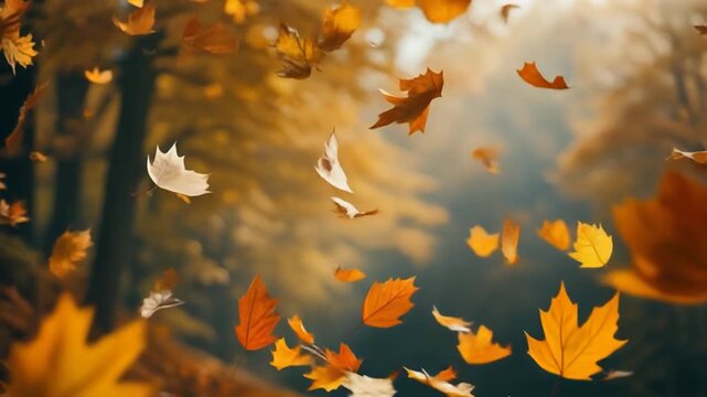 Falling autumn leaves in the air with blurred background and warm color palette in the forest scene