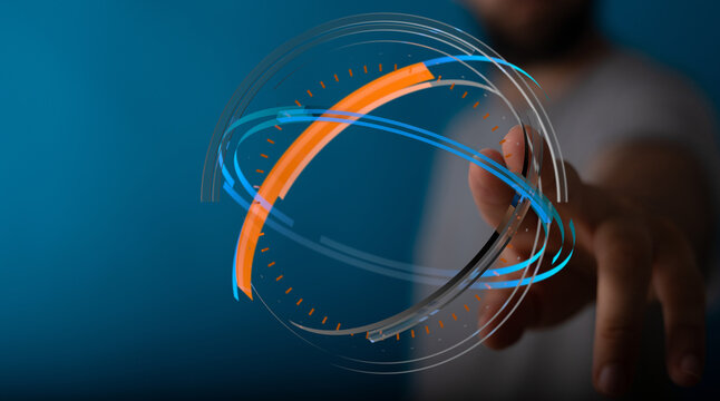 Abstract image of a person's hand interacting with a glowing digital globe, representing futuristic technology and global connectivit - Powered by Adobe