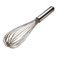 Stainless steel kitchen whisk, wire reflections and handle texture, cinematic lighting with soft shadow, ultra-sharp realism, white isolated background