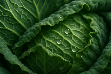 Fototapeta premium Closeup of fresh green cabbage with water droplets on its leaves