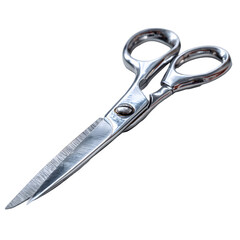 Stainless steel scissors open, blade reflections and texture realism, cinematic studio light and shadow balance, white isolated background