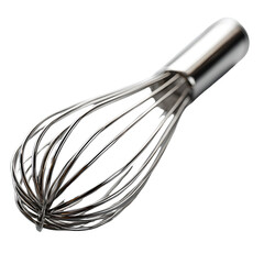 Stainless steel kitchen whisk, wire reflections and handle texture, cinematic lighting with soft shadow, ultra-sharp realism, white isolated background