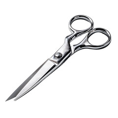 Stainless steel scissors open, blade reflections and texture realism, cinematic studio light and shadow balance, white isolated background