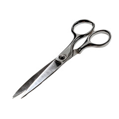 Stainless steel scissors open, blade reflections and texture realism, cinematic studio light and shadow balance, white isolated background