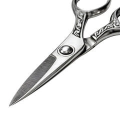 Stainless steel scissors open, blade reflections and texture realism, cinematic studio light and shadow balance, white isolated background