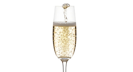Close up of a champagne flute filled with sparkling wine and bubbles against a black background