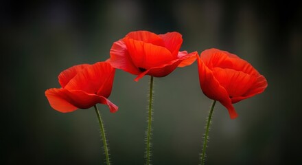 Naklejka premium Three vibrant red poppies stand tall against a dark, blurred background, symbolizing remembrance and beauty in nature
