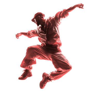 Energetic male dancer in mid air with arms outstretched