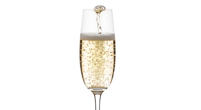 Close up of a champagne flute filled with sparkling wine and bubbles against a black background