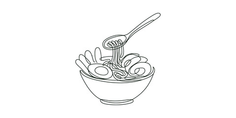 Continuous line drawing of a ramen noodle bowl with a spoon