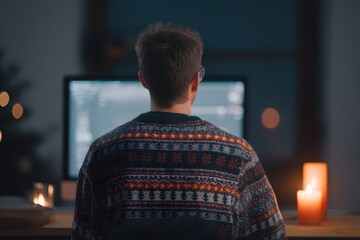 Back View of Person Working on Computer in Cozy Evening