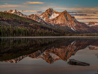 Sunrise over Stanley Lake with mountain reflection