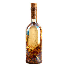 Transparent wine bottle with cork, detailed glass reflection and liquid tone, cinematic side lighting, 8k clarity realism, white isolated background
