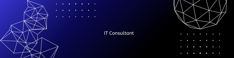 Modern IT consulting banner with geometric wireframe shapes, digital network elements, and gradient technology background suitable for corporate tech services and presentations.
