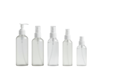 Five frosted glass bottles with white caps filled with clear liquid, varying sizes, on a transparent background with soft shadows and ample copy space, professional product display.