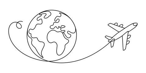 Global travel concept with airplane circling earth in line art