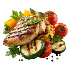 Grilled chicken breast with freshly grilled vegetables and herbs