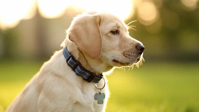 Cute yellow Labrador puppy perched in the grass, glancing towards the camera with a lovely glow cast by the setting sun in the background