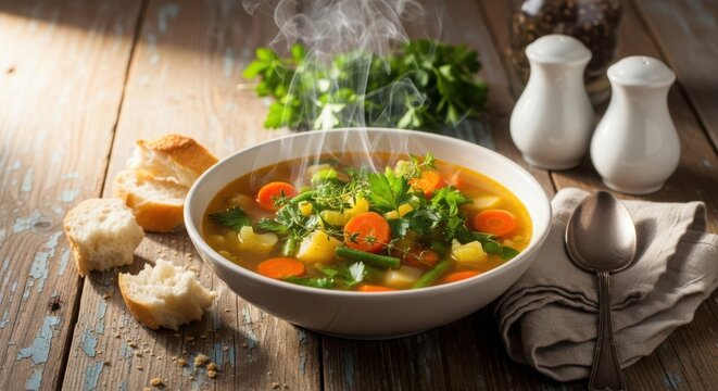 A closeup of a flavorful vegetable soup in a white bowl, accompanied by crusty bread and fresh herbs on a wooden surface
