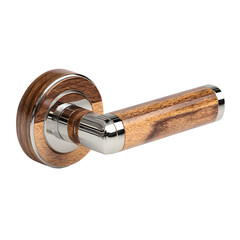 Wooden door handle with metallic fitting, natural wood grain and reflection detail, angled product lighting, hyperrealistic depth, white isolated background