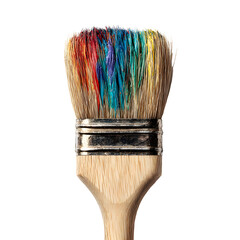 Wooden paintbrush with bristles coated in vibrant color, texture of wood and fibers visible, cinematic studio lighting, white isolated background
