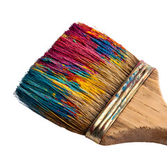 Wooden paintbrush with bristles coated in vibrant color, texture of wood and fibers visible, cinematic studio lighting, white isolated background