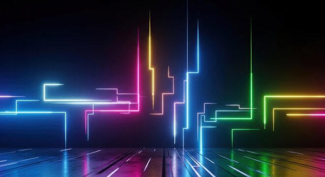 Abstract neon light background with glowing lines and geometric shapes