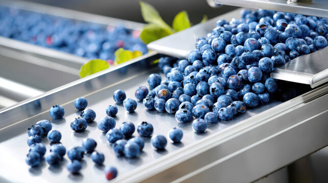 Fresh blueberries cascading on a stainless steel conveyor belt, highlighting agricultural processing and quality control in fruit handling