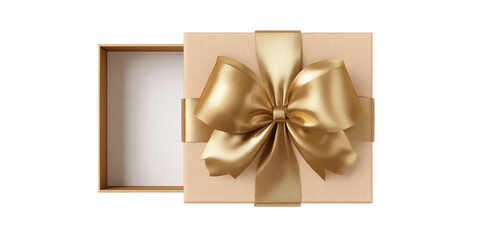 Fototapeta premium Open Gift Box with Golden Bow and Ribbon on Transparent Background, PNG