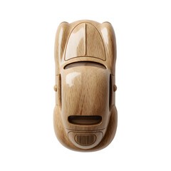 Wooden toy car handcrafted, smooth polish and grain detail visible, top-down light with subtle shadow, white isolated background