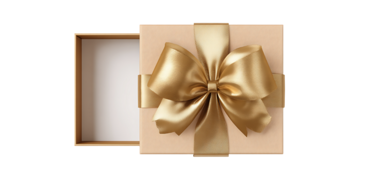 Open Gift Box with Golden Bow and Ribbon on Transparent Background, PNG