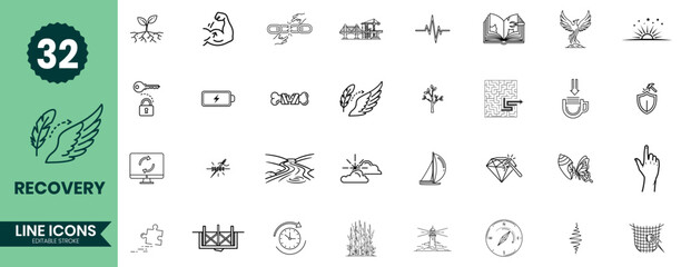 Recovery Line Icons Set 32 Healing, Support, Wellness, Rehabilitation & Personal Growth Symbols