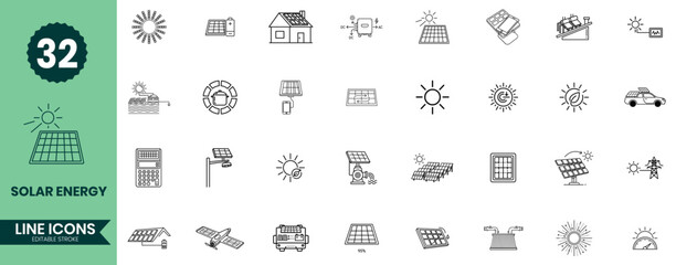 Solar Energy Line Icons Set 32 Renewable Power, Solar Panels, Sustainability, Green Technology, and Clean Energy Outline Vector Symbols